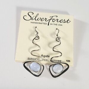 Silver Forest Earrings Blue Lace Agate Wavy Handcrafted Surgical Steel‎ Wire